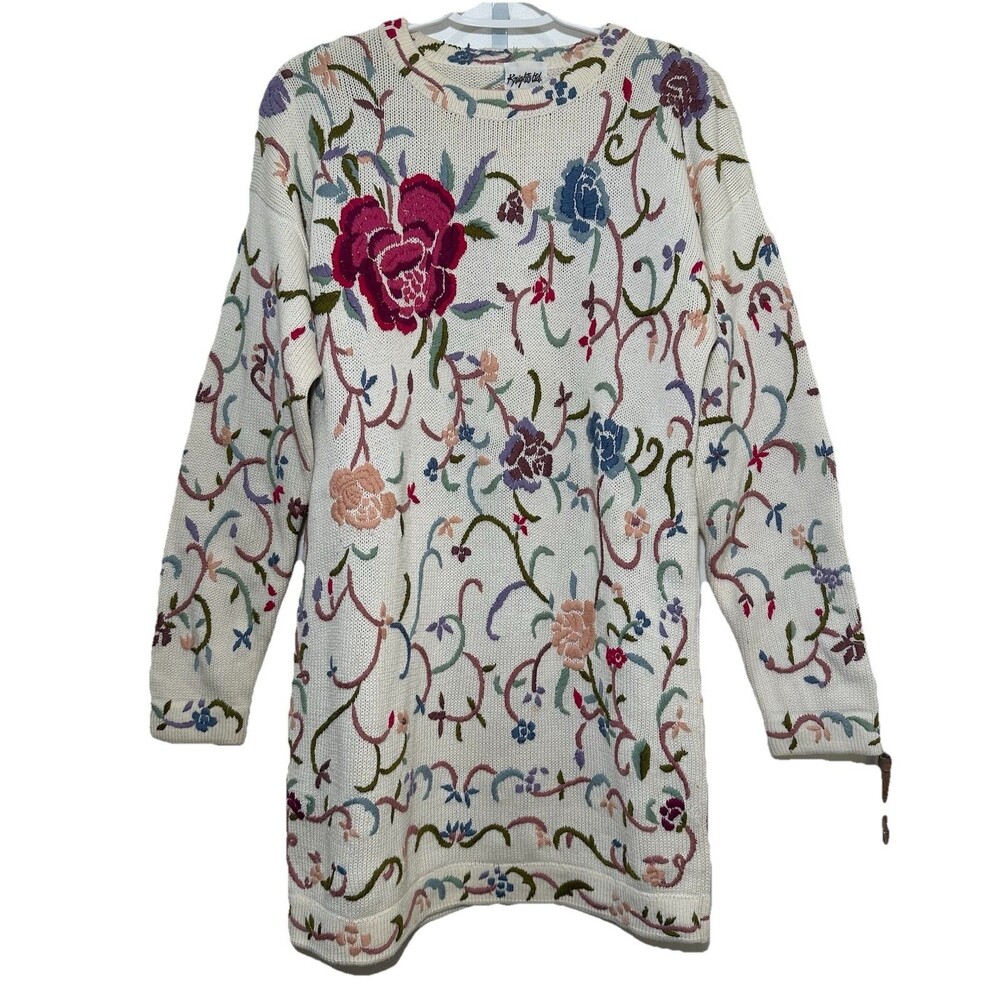 Knights Ltd Ivory Floral Embroidered Cottagecore Long Sweater Tunic Medium